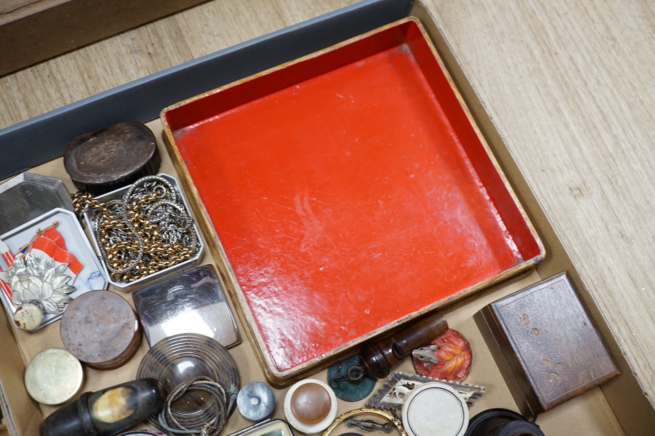 A collection of coquilla nut containers, various metal mounts, wooden and metal trinket boxes, mixed collectibles and jewellery